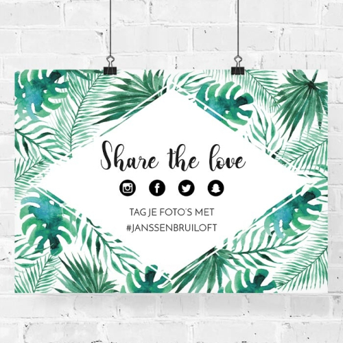 Poster hashtag bruiloft tropische bladeren