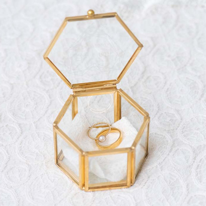 Ringdoosjes glas hexagon rosé goud zilver geometric floral
